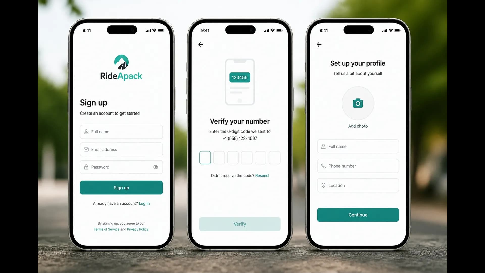 RideApack sign up, verify, and profile setup screens