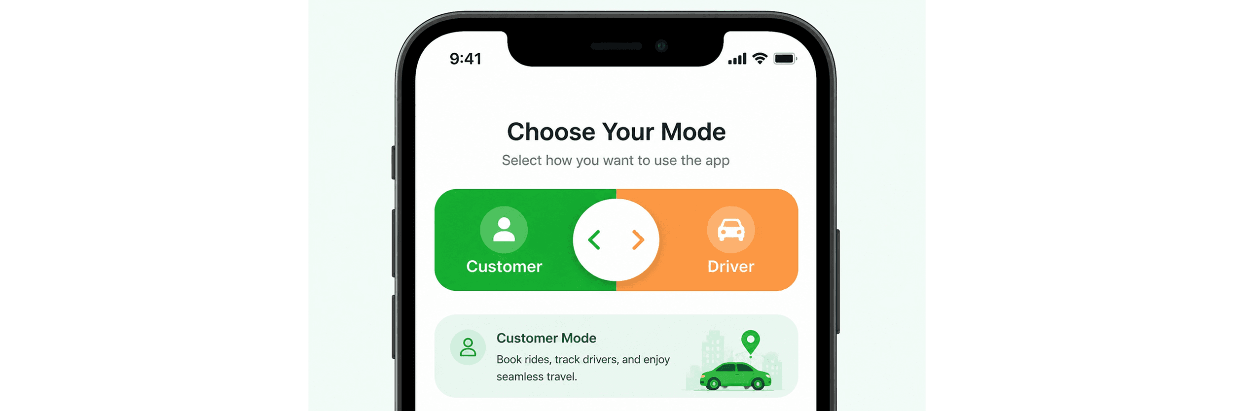 RideApack choose your mode screen on a smartphone