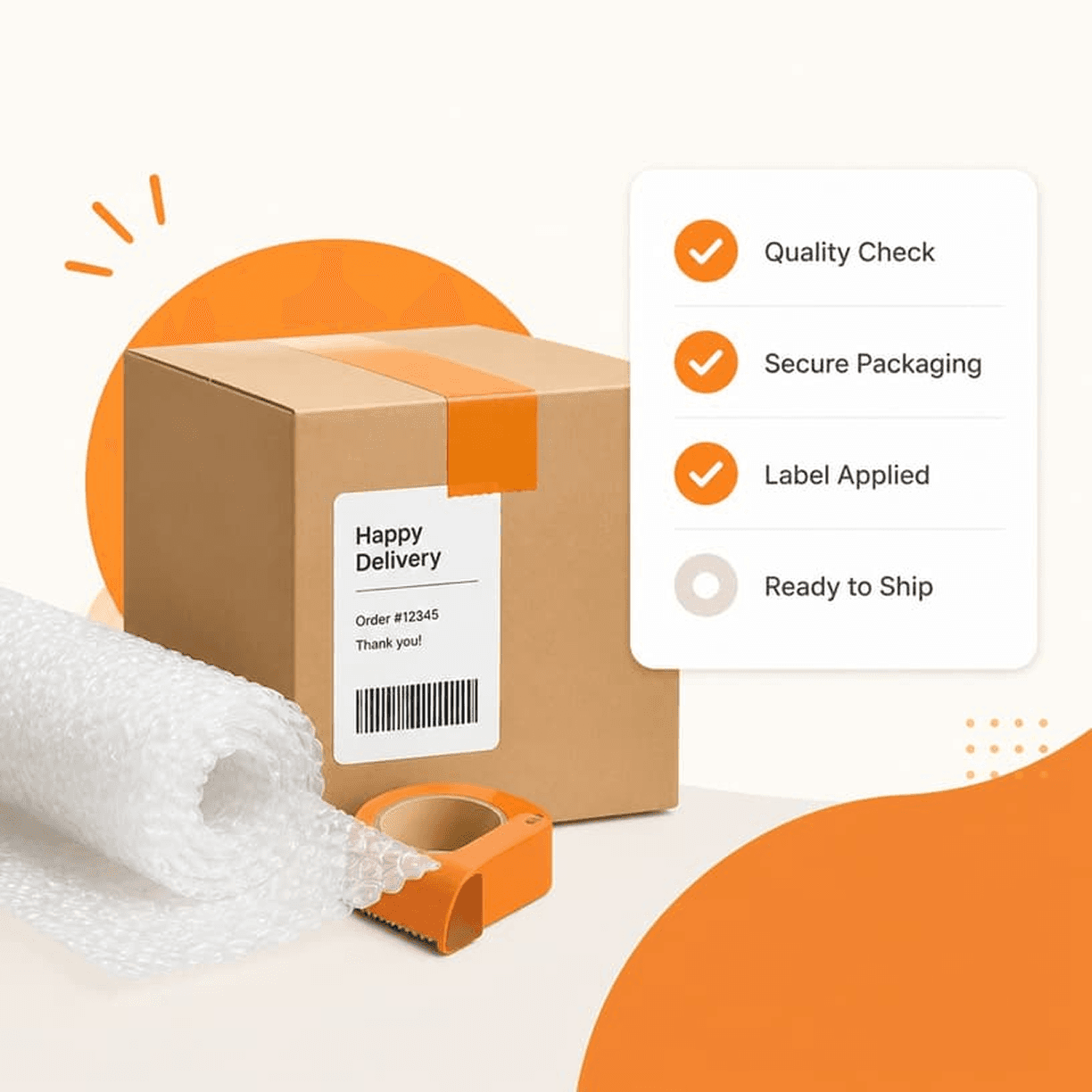 Safe package guidelines — sealed box with bubble wrap, tape, and packaging checklist
